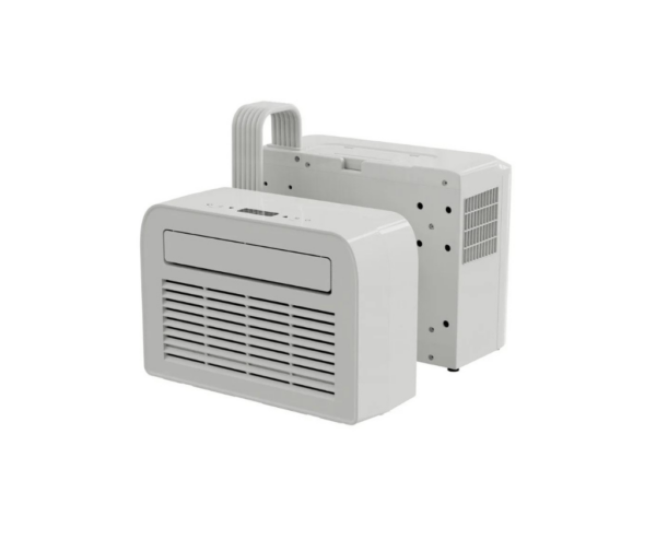 split airco schuin vooraanzicht met twee modules en verbindingsslang