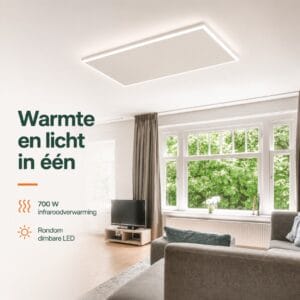 Infrarood paneel met LED 700W 63×108 cm aan plafond in woonkamer – warmte en licht in één, dimbare LED