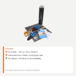 In de doos van het 20 m² doe-het-zelf pakket: folie, 5 aansluitsets, krimptang en handleiding. Thermostaat niet inbegrepen.