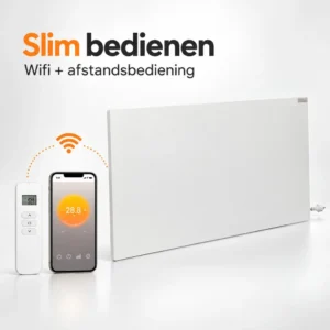 QH-FR infrarood paneel van 700 watt bedienen via de wifi-app op een smartphone en met de meegeleverde afstandsbediening