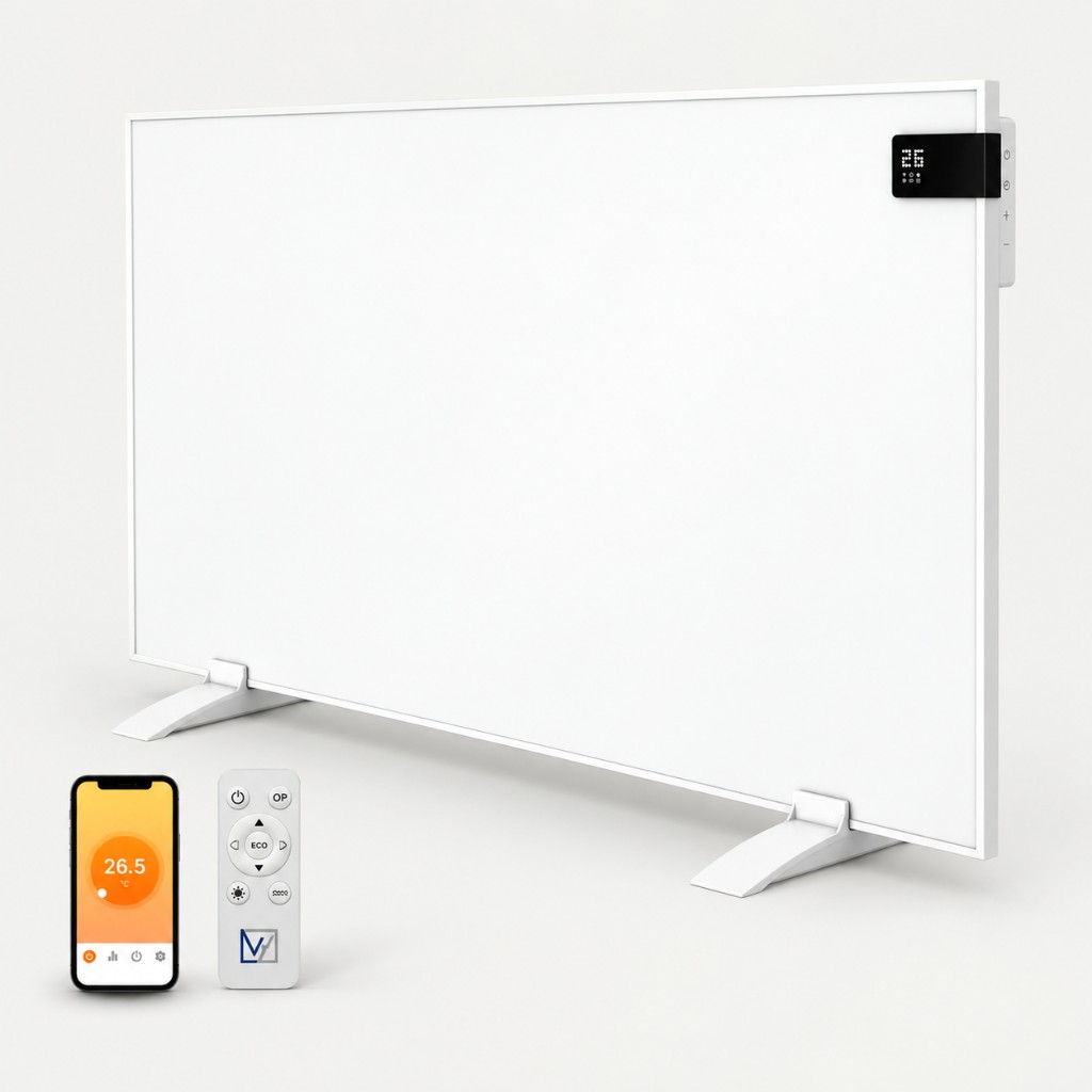 Infrarood paneel Superia 600 watt 60×100 cm vrijstaand Wit infrarood paneel Superia 600 watt, 60 × 100 cm, vrijstaand op voetjes met wifi-app en afstandsbediening